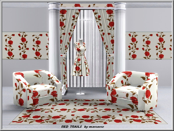 Sims 3 — Red Trails_marcorse by marcorse — Fabric pattern: red poppy flowers, buds and leaves in a vertical design.
