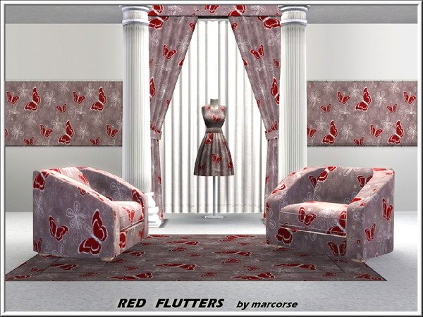 Sims 3 — Red Flutters_marcorse by marcorse — Themed pattern: bright red moths in various sizes on pale pink