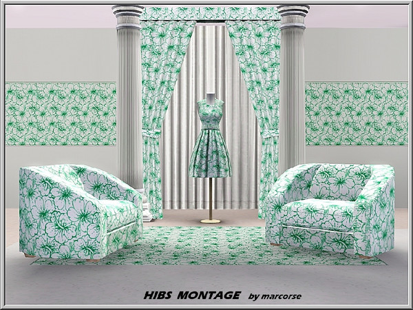 Sims 3 — Hibs Montage_marcore by marcorse — Fabric pattern: blue/green hibiscus blooms in a montage design.