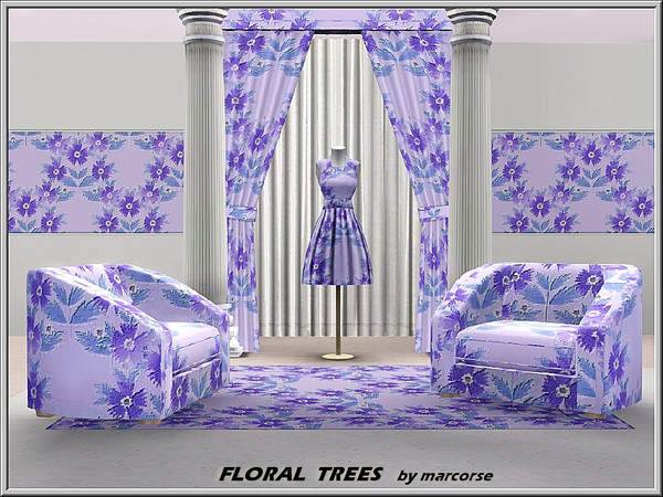 Sims 3 — Floral Trees_marcorse by marcorse — Abstract pattern: blue flowers and leaves in abstract tree shapes