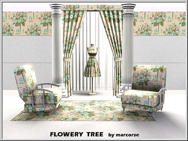 Sims 3 — Flowery Tree_marcorse by marcorse — Fabric pattern: floral shapes and leaves in an aqua and brown tree design