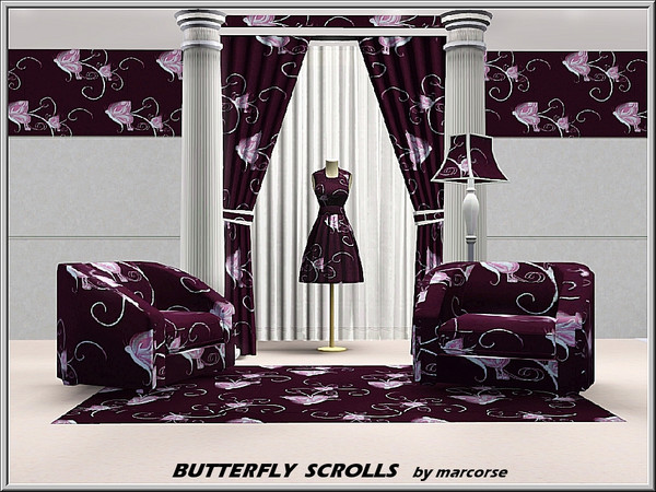 Sims 3 — Butterfly Scrolls_marcorse by marcorse — Fabric pattern: butterflies in two sizes and scroll trails in purple