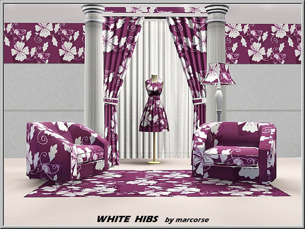 Sims 3 — White Hibs_marcorse by marcorse — Fabric pattern: white hibiscus flowers on crushed blackberry purple