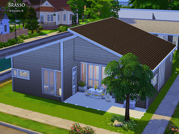 Sims 4 — Brasso by xtermety — Brasso is a classic but modern home with slanted roofs and a small garden suited for a