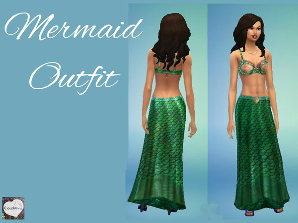 Sims 4 — Green Mermaid Outfit by Cocobuzz — Green mermaid outfit, complete with tail fin skirt and sea shell bra.