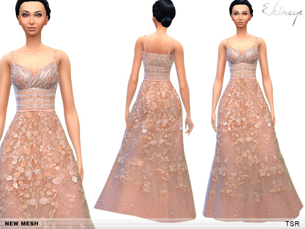 Sims 4 — Embroidered Gown 1 - S3  by ekinege — Embroidered lace guipure dress with sleeveless and leather belt. New item.