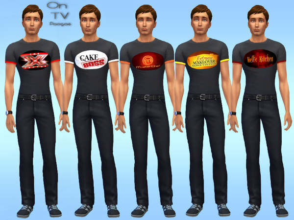 Sims 4 — On TV by Paogae — Five black T-shirts for men with logos of some famous TV programs: whether you are a