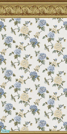 Sims 2 — Cream Roses Wallpaper by Riverwillows — Lovely Victorian style wallpaper, with gold crown-moulding. Part of the