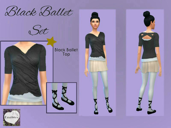 Sims 4 — Black Ballet Top by Cocobuzz — Lightweight flowy black material stretches over a white tank with elastic stretch