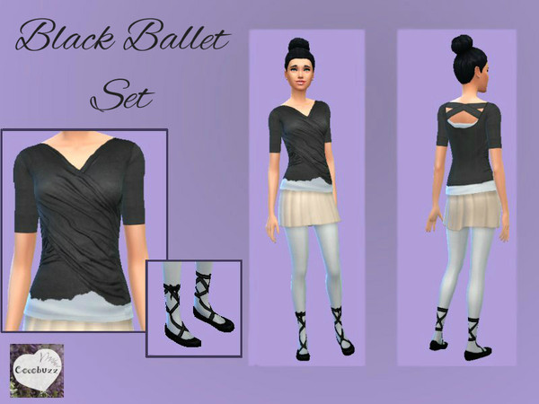 Sims 4 — Black Ballet Set by Cocobuzz — Ballet set of two items, ribbon wound black ballet flats and a lightweight black