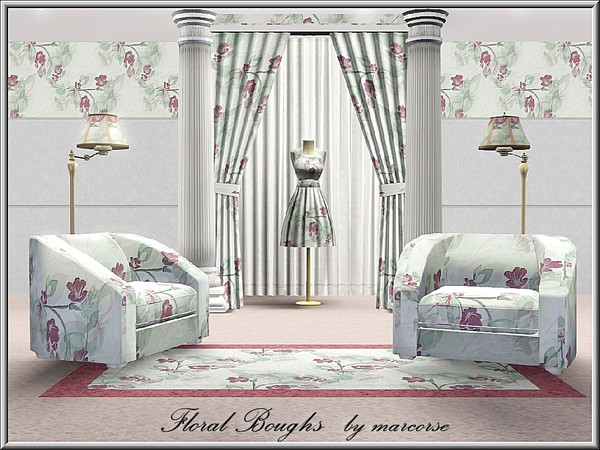 Sims 3 — Floral Boughs_marcorse by marcorse — Fabric pattern: branches from a flowering tree, in purple and green.