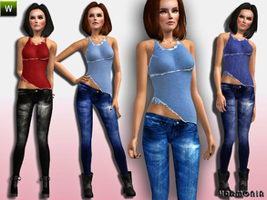 Sims 3 — Frayed Top And Jeans Outfit by Harmonia — Frayed denim top and acid washed jeans 4 Variations. Recolorable 