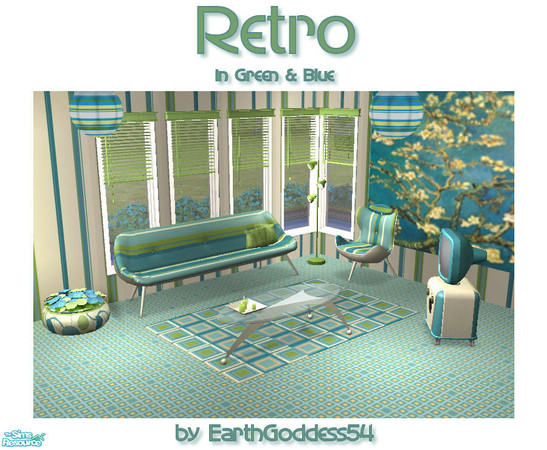 Sims 2 — Retro Living in B&G by EarthGoddess54 — A retro living room in pretty blues and greens. Set includes