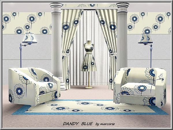 Sims 3 — Dandy Blue_marcorse by marcorse — Fabric pattern: stylised dandelion heads in a regular blue and white diagonal