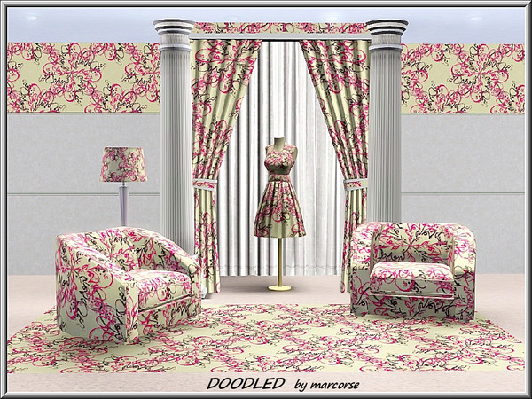 Sims 3 — Doodled_marcorse by marcorse — Abstract pattern: doodled flowers - lipstick pink on yellow
