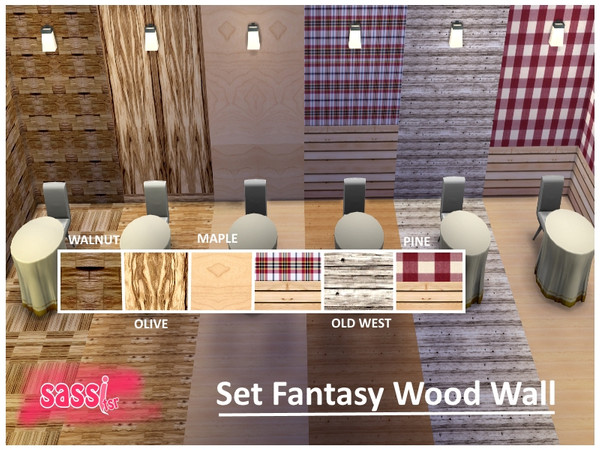 Sims 4 — Set Fantasy Wood Wall by sassitsr — 6 Types of wood panels: Maple, Walnut , Pine , Pine Old West , Olive trees