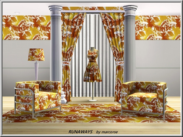 Sims 3 — Runaways_marcorse by marcorse — Themed pattern: handdrawn runaway horses in brown, gold and white.