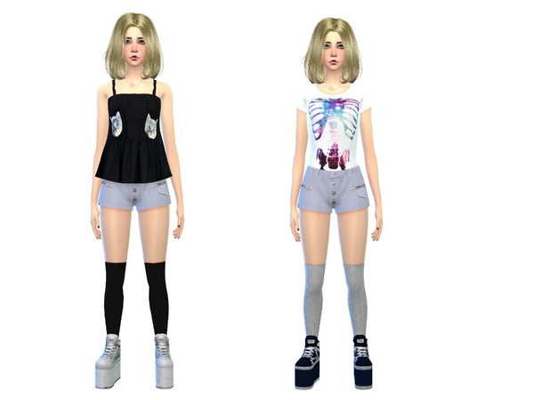 Sims 4 — fashion set female by Awesomesims4 — fashion set female with grey shorts, black cat top and white pirate shirt