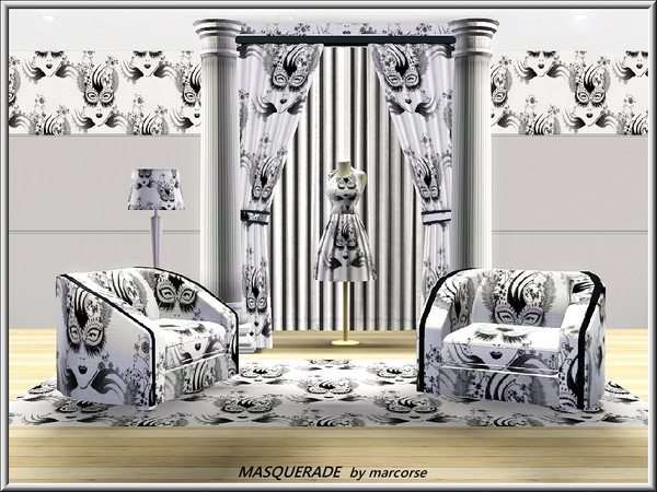 Sims 3 — Masquerade_marcorse by marcorse — Fabric pattern: masked women's faces and style flourishes.