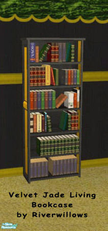 Sims 2 — Velvet Jade Living Set - Bookcase by Riverwillows — A nice bookcase, in black wood, and gold accents. Part of