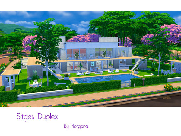 Sims 4 — Sitges Duplex by morgana14 — Modern Duplex for two small families. It has 2 barbacues, a big pool, rest areas