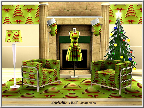 Sims 3 — Banded Tree_marcorse by marcorse — Themed pattern: banded Christmas tree shape and bows, red on green.