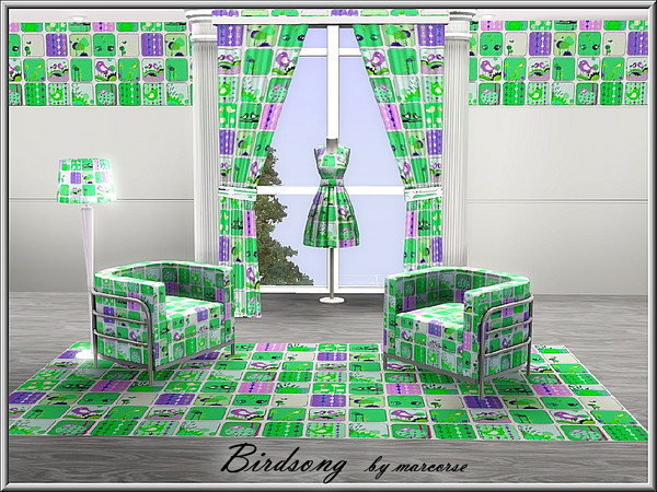 Sims 3 — Birdsong_marcorse by marcorse — Patchwork fabric pattern featuring songbirds and other elements in aqua, green