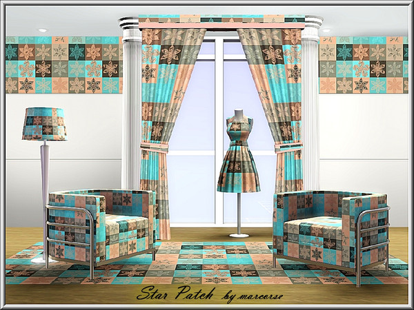 Sims 3 — Star Patch_marcorse by marcorse — Geometric pattern: star shaped floral patchwork in aqua and apricot