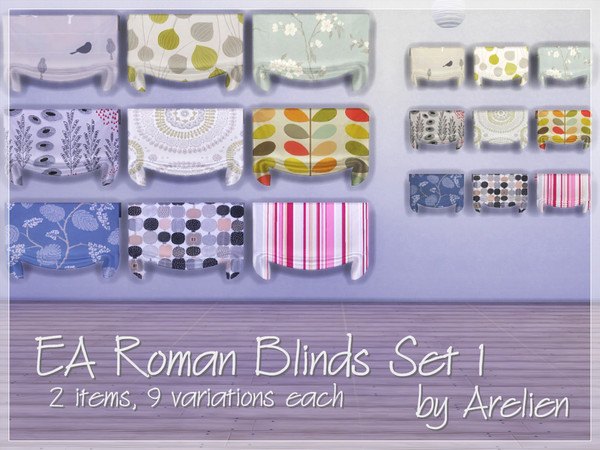 Sims 4 — EA Roman Blinds Set 1 by Arelien — 2 items, 9 variations each - stylish EA roman blinds recolours for your sim
