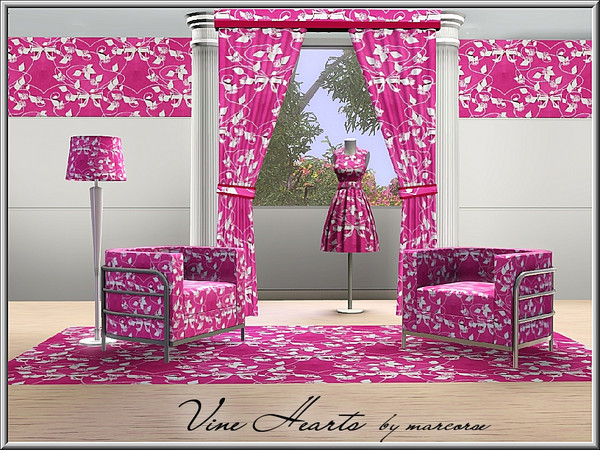 Sims 3 — Vine Hearts_marcorse by marcorse — Fabric pattern: vines, hearts and bows in bright pink and white