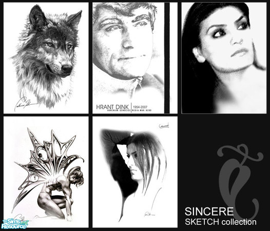 Sims 2 — Portrait Sketch Collection by GenoPosts.com — Random Sketches reframed in poster frame to decorate a corner in