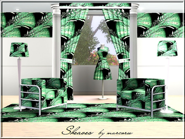 Sims 3 — Sheaves_marcorse by marcorse — Abstract pattern: green and white stylised leaves and elements resembling sheaves