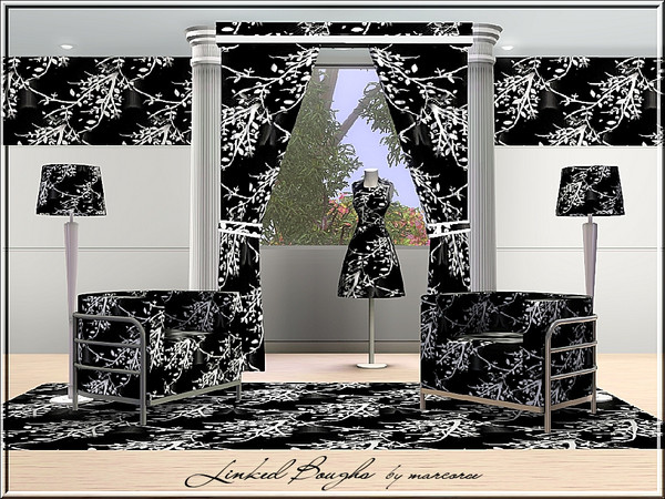 Sims 3 — Linked Boughs_marcorse by marcorse — Fabric pattern: monochrome black and white design of linked tree branches.
