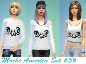 Sims 4 — Mochi America set by ShinattyPanda — My first edit! Two sweaters and one top of Mochi America, character of