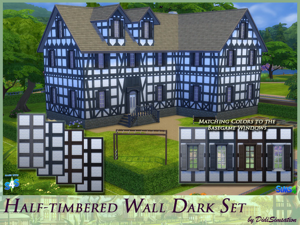 Sims 4 — Half-timbered Wall Set - Dark by didisimsation — Half-timbered Wall Set 4 dark colors Build with this wall Set