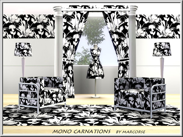 Sims 3 — Mono Carnations_marcorse by marcorse — Fabric pattern: white carnation silhouettes on black.