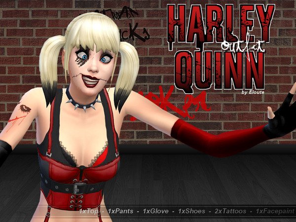 Sims 4 — Harley Quinn's Outfit by Eloute2 — -Sims 4 CC- Contains : 1x Face Paint, 1x Gloves, 1x Shoes, 1x Pants, 1x Top,