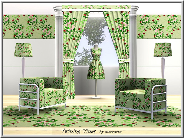Sims 3 — Twining Vines_marcorse by marcorse — Fabric pattern: red and pink flowering vines in a twining design.