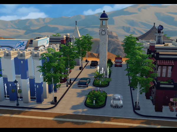 Sims 4 — Tower Clock Square by layvan — This lots contains six small buildings:one gym,one pubs,one residence,one