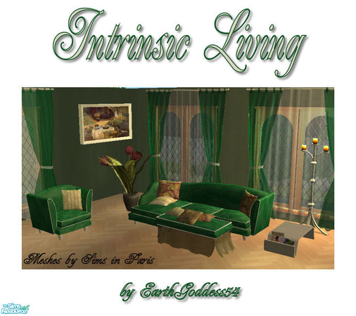 Sims 2 — Intrinsic Living by EarthGoddess54 — A rich, earthy living room set in green, beige, white pine, and brown. Set