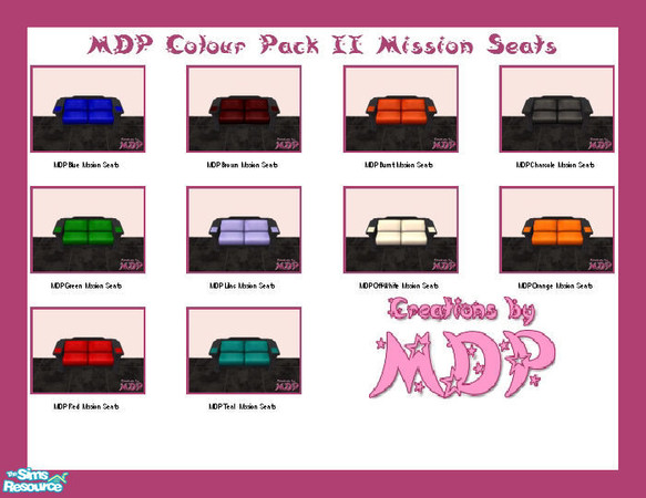 Sims 2 — MDP Colour Pack II Mission Seats by MelandStv — There are 10 colourful upholsteries in this set. Colours the