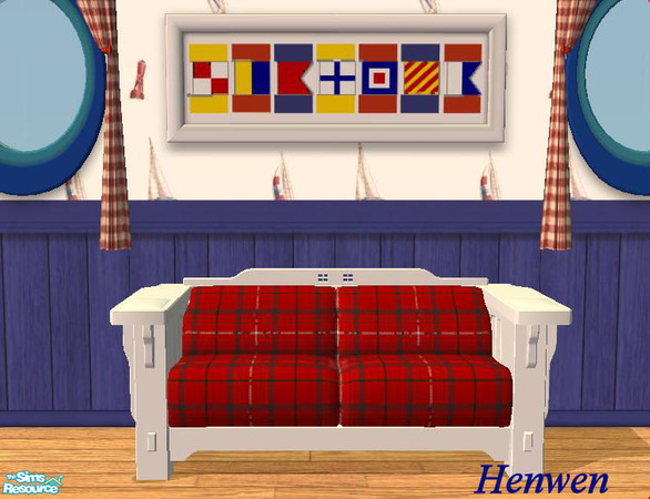 Sims 2 —  Ahoy Marine Sofa by Henwen — Plaid upholstery and white painted wood.