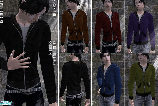 Sims 2 — Hoodies for Adult Males by aikea_guinea — New hoodie mesh for adult males. Set includes six different hoodies.