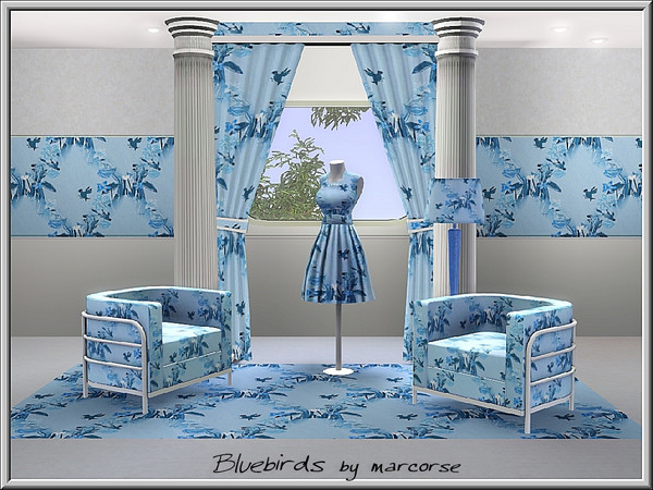 Sims 3 — Bluebirds_marcorse by marcorse — Fabric pattern: little bluebirds flying around floral diamonds