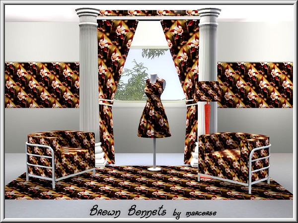 Sims 3 — Brown Bonnets_marcorse by marcorse — Fabric pattern: pretty brown and white columbines [granny bonnets] in a