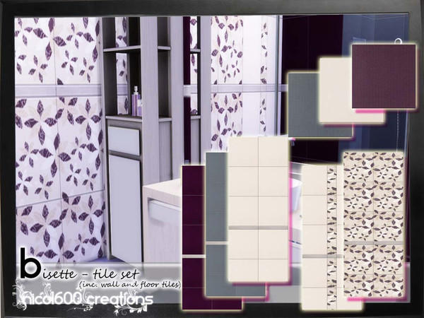 Sims 4 — Bisette Tile Set by nicol6002 — Bisette tiles set includes 5 types of tiles for walls and 2 colors for floor.
