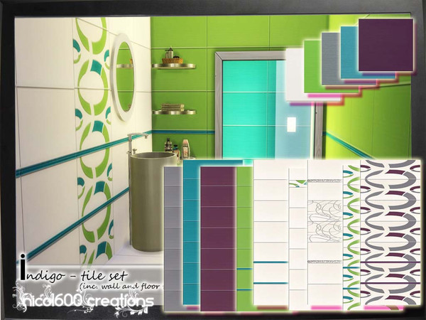 Sims 4 — Indigo Tile Set by nicol6002 — Indigo tile set includes 9 different tiles for walls and 5 floor color options.