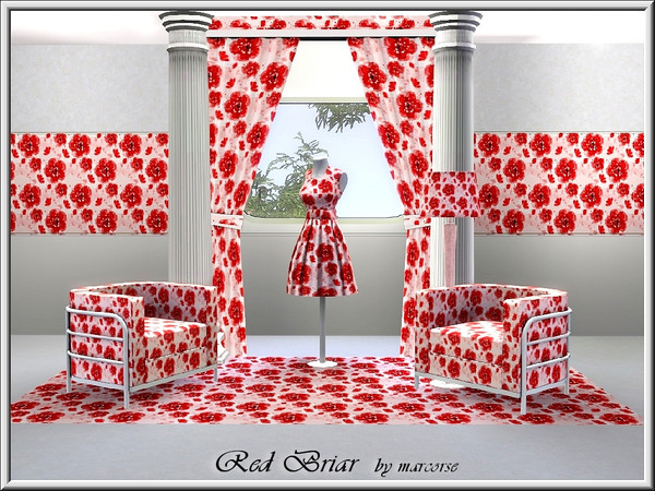 Sims 3 — Red Briar_marcorse by marcorse — Fabric pattern: red briar rose flowers and butterflies on white