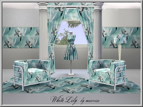 Sims 3 — White Lily_marcorse by marcorse — Fabric pattern: blue/white lily and leaf
