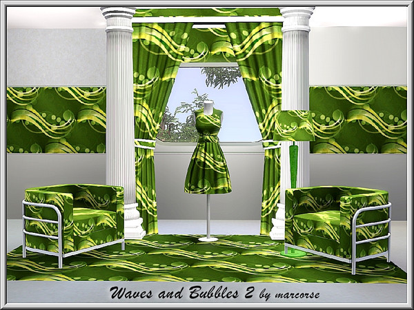 Sims 3 — Waves and Bubbles 2_marcorse by marcorse — Abstract pattern: green and yellow wave and bubble design